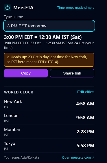 MeetETA toolbar popup converting 3 PM EST tomorrow to 12:30 AM IST with a daylight saving warning and a world clock