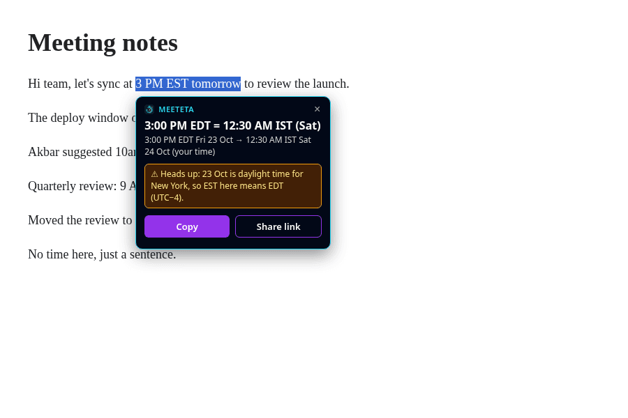 Selecting 3 PM EST tomorrow on a web page shows a MeetETA card with the time in IST and Copy and Share link buttons