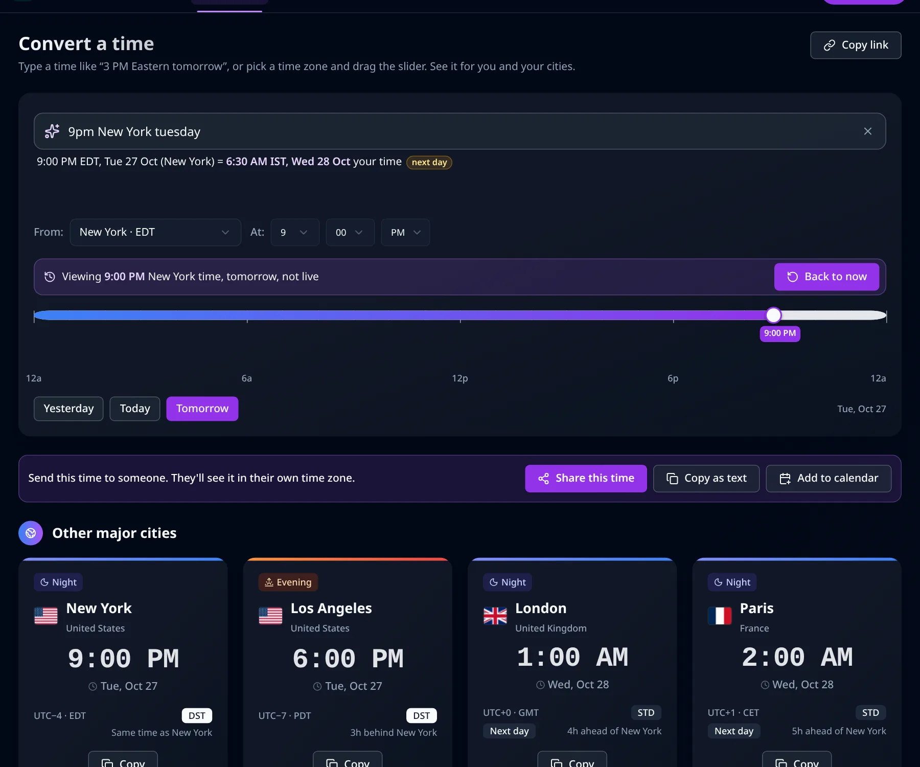 The MeetETA converter with 9pm New York tuesday typed in, showing 6:30 AM IST on Wed 28 Oct, and city cards where London and Paris show Wed, Oct 28 with a Next day label