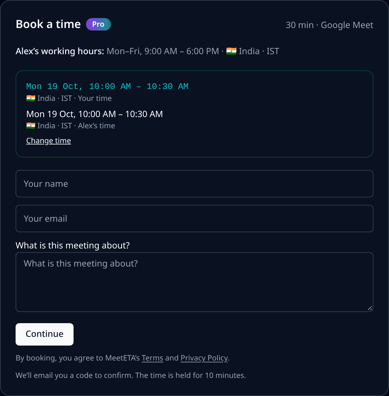 MeetETA booking form: the chosen time shown in the guest’s zone and in the host’s zone, above fields for name, email and meeting topic.