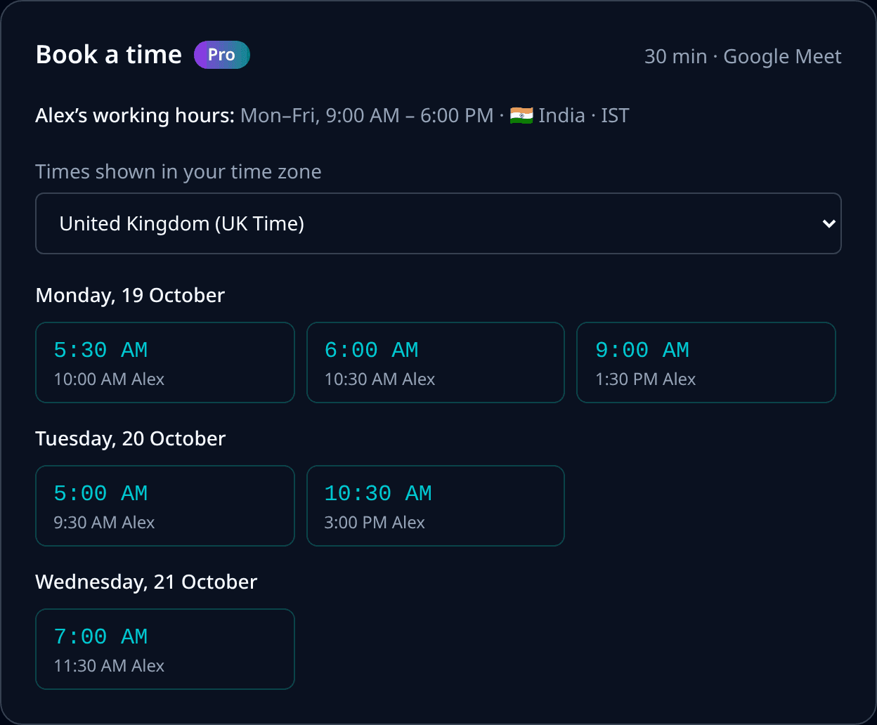 MeetETA booking page: open times listed by day in the guest’s London time zone, each slot also showing the host’s India time, with a time zone selector at the top.