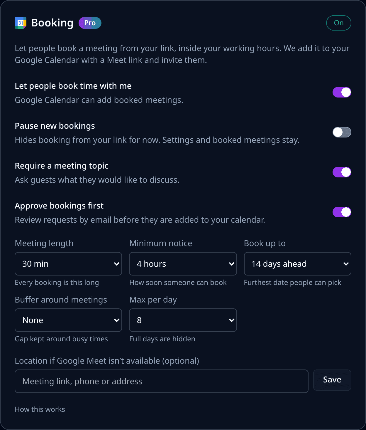 MeetETA booking settings with a Pro badge: switches for booking, pausing, requiring a topic and approving bookings first, plus meeting length, minimum notice, booking window, buffer and daily limit.