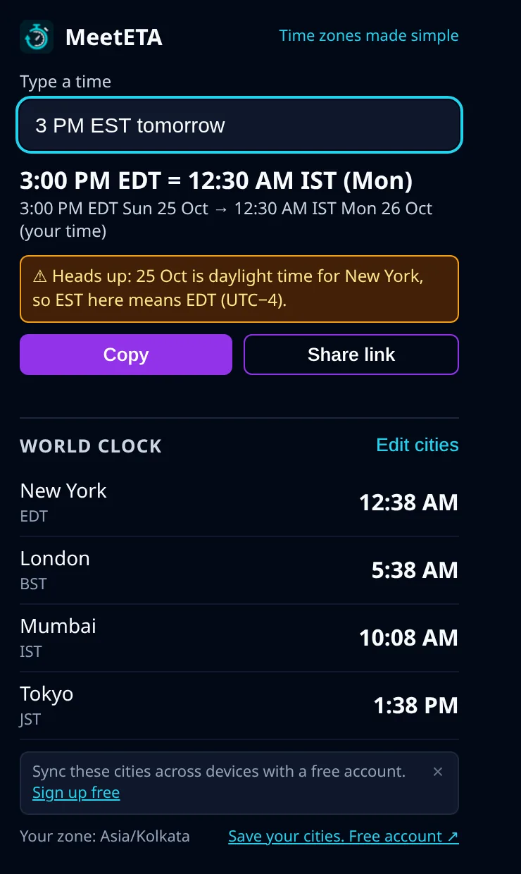 The MeetETA toolbar popup with 3 PM EST tomorrow typed in, the converted IST time, Copy and Share link buttons, and a world clock showing New York, London, Mumbai and Tokyo