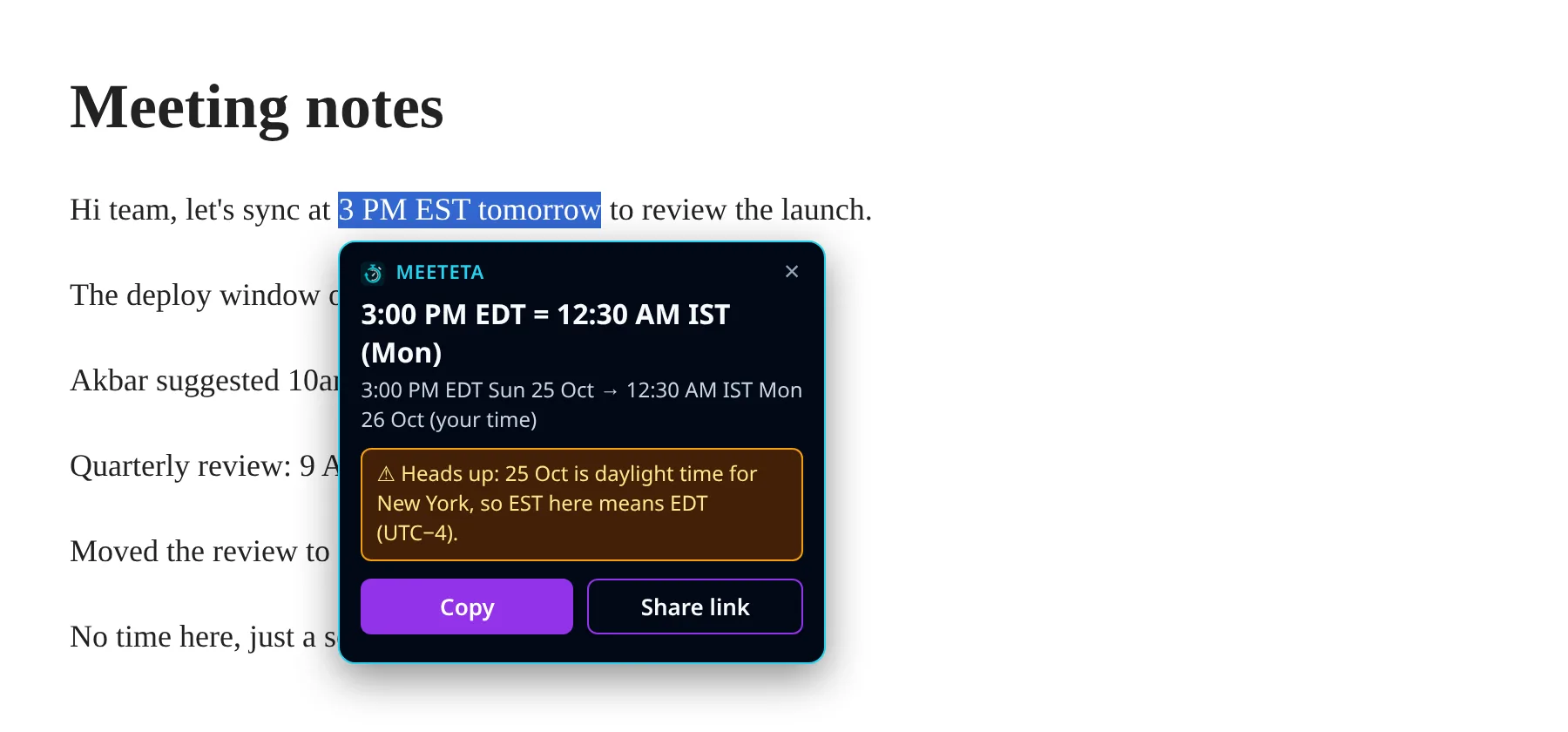 A web page where 3 PM EST tomorrow is selected and a MeetETA card shows 3:00 PM EDT = 12:30 AM IST, a daylight time warning, and Copy and Share link buttons