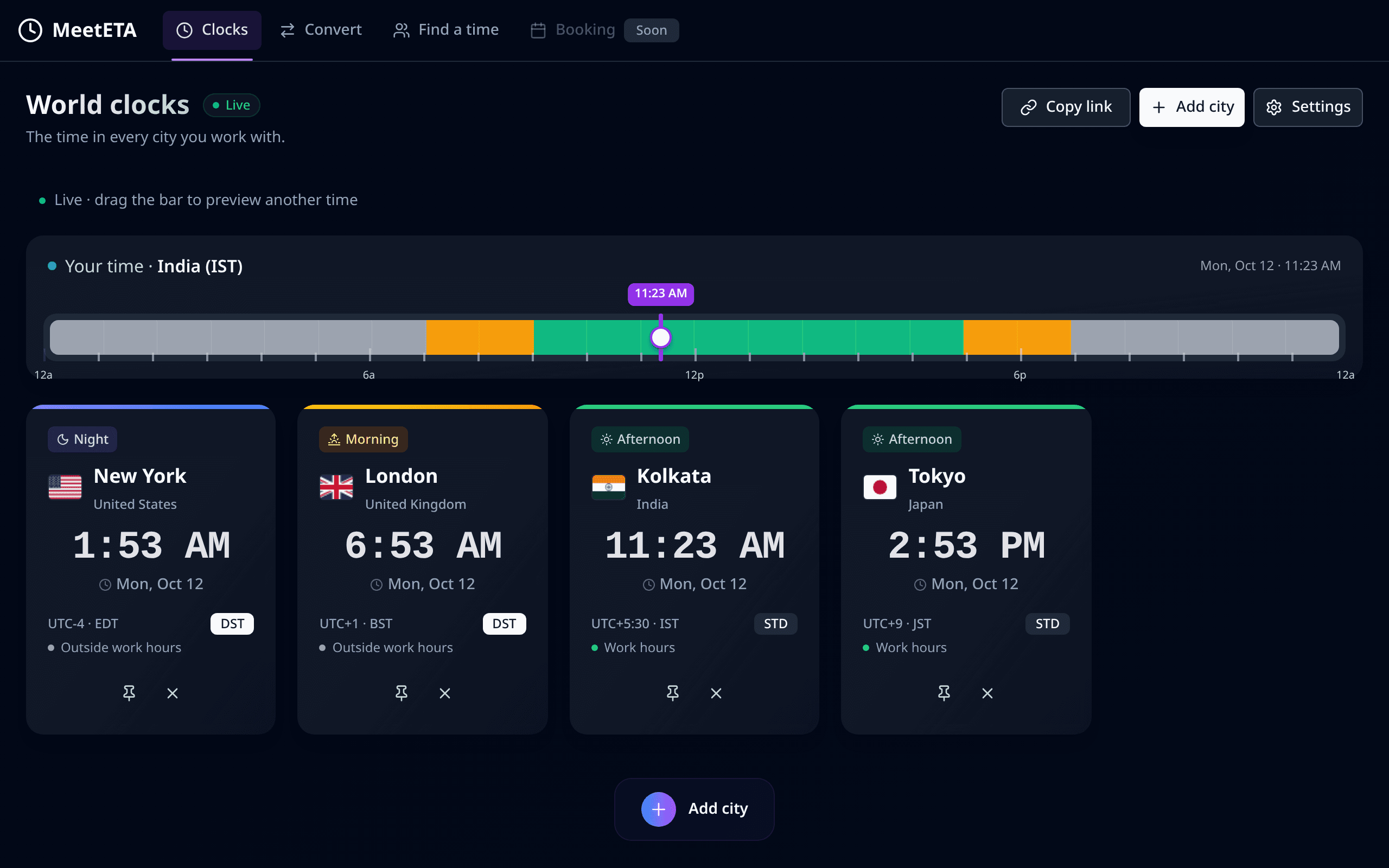 MeetETA Clocks tab: a time bar for your home city and a card for each city with its local time, date and whether it is work hours there.