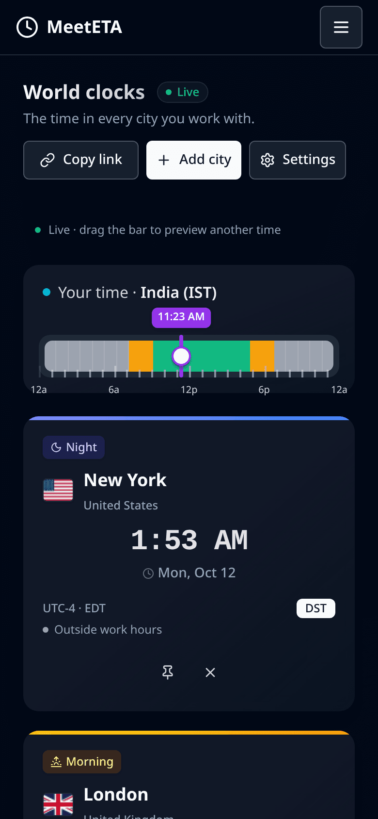 MeetETA Clocks tab: a time bar for your home city and a card for each city with its local time, date and whether it is work hours there.