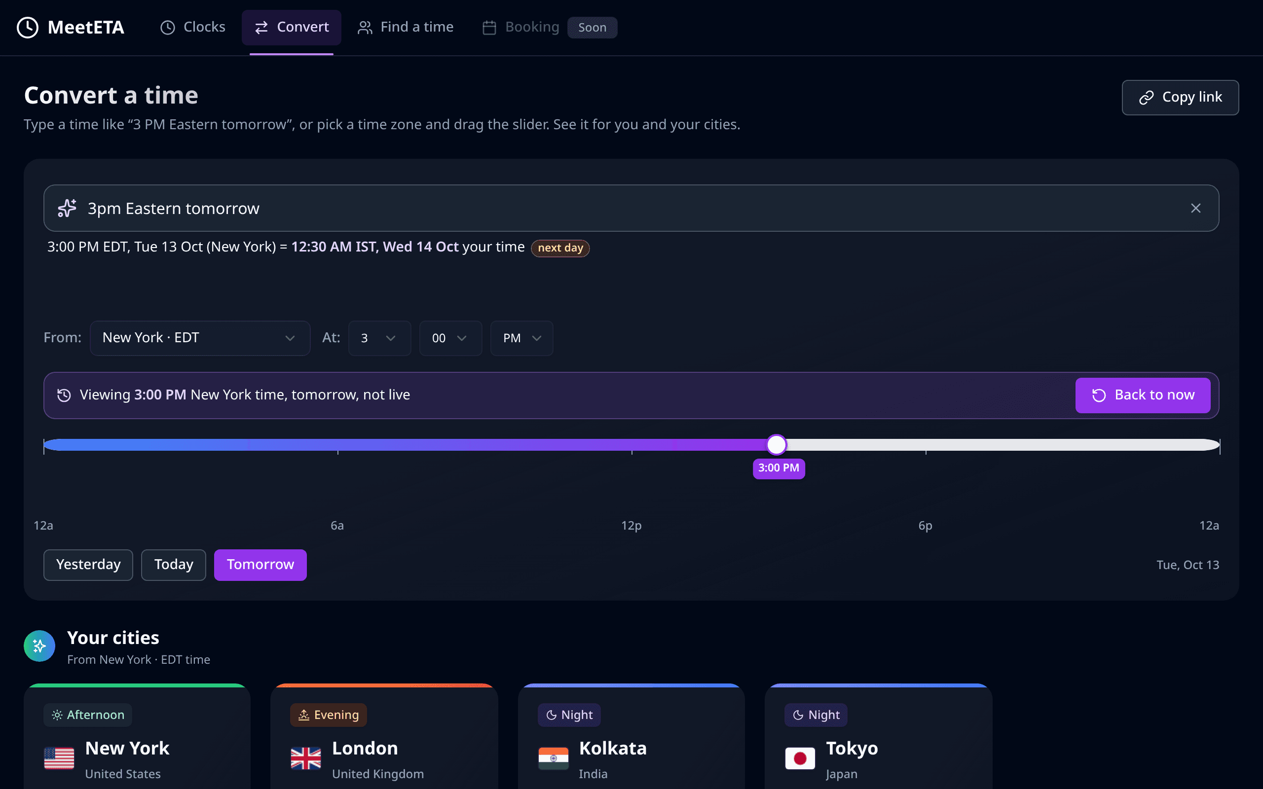 MeetETA Convert tab: a typed time like “3 PM Eastern” shown in each of your cities, with a slider to change the time.